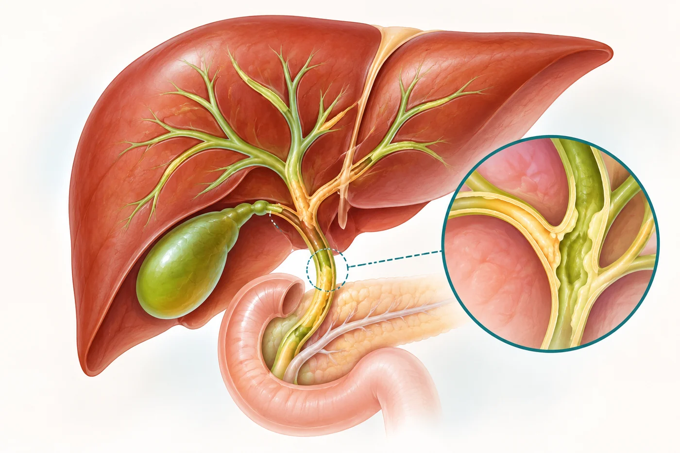 Medical illustration of the liver, gallbladder and branching bile ducts with a magnified narrowed bile duct