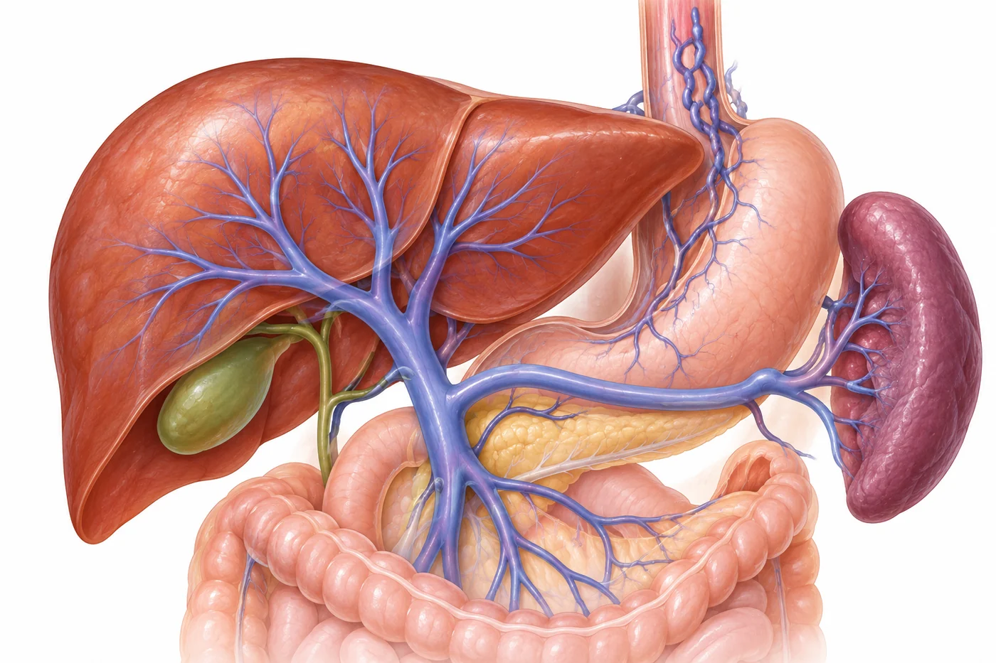 Medical illustration of the liver, portal vein, spleen, stomach and intestinal veins